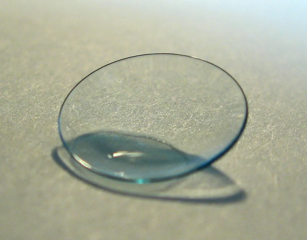 Lente de contato transparente apoiada de pé sobre superfície clara.
