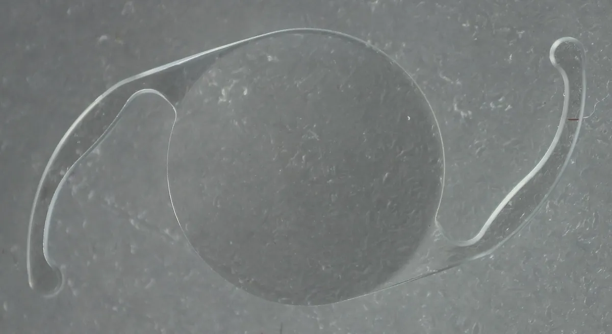 Lente intraocular transparente, com alças curvas, fotografada sobre fundo cinza.