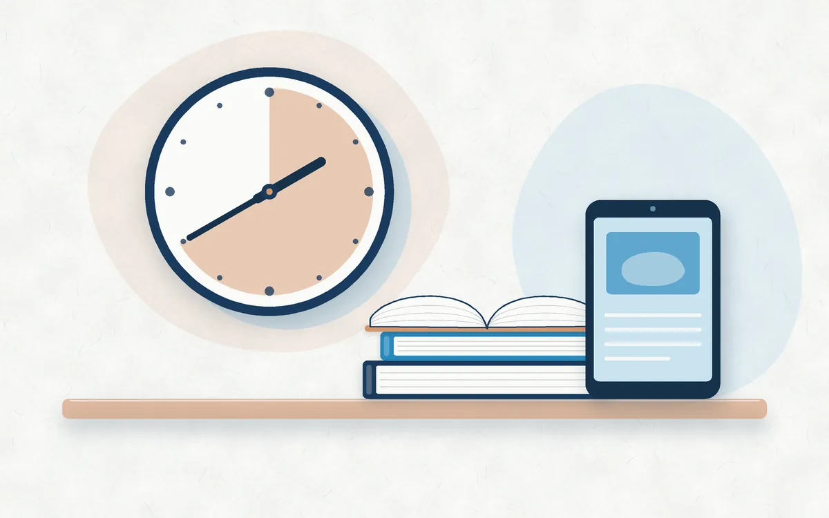 Ilustração de livro aberto, livros empilhados, celular e relógio.