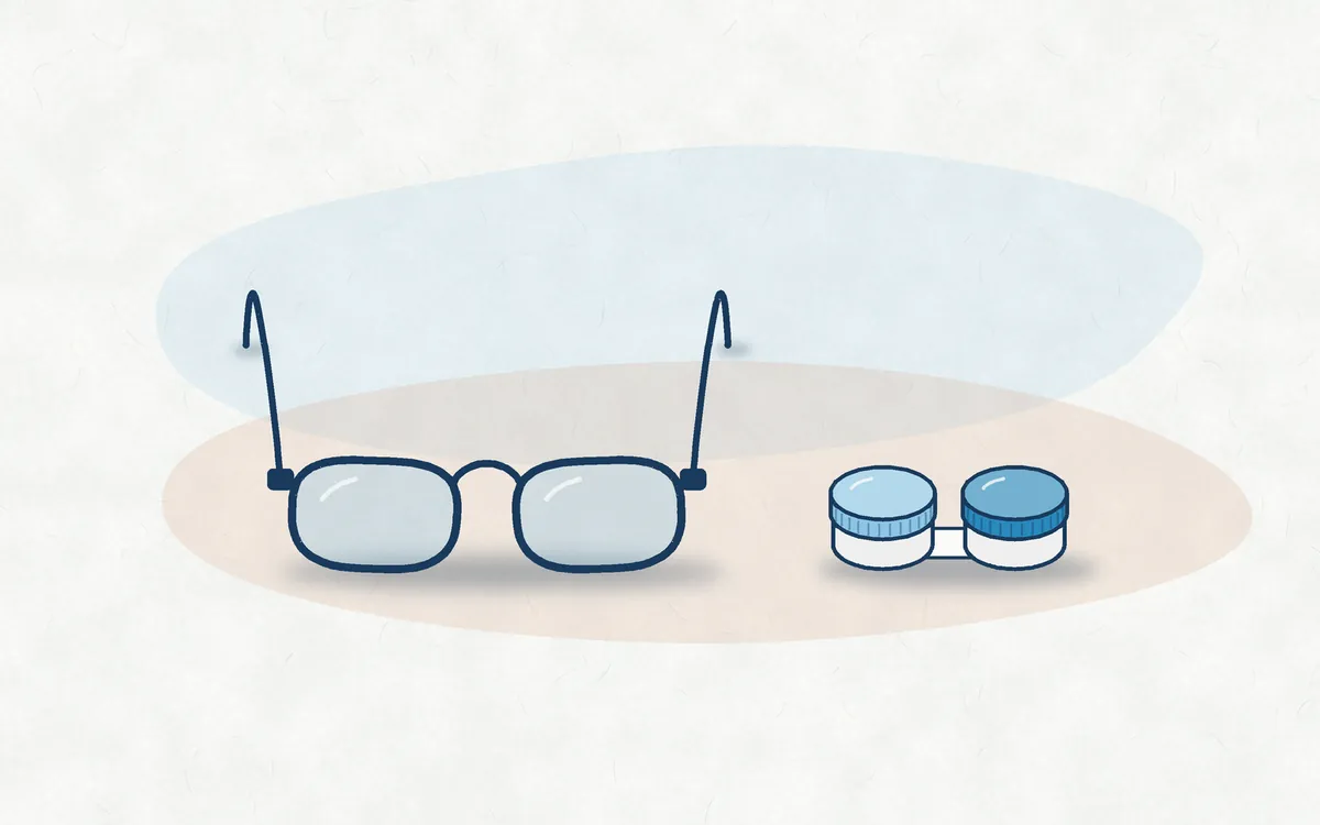 Ilustração de um par de óculos ao lado de um estojo com dois compartimentos para lentes de contato.