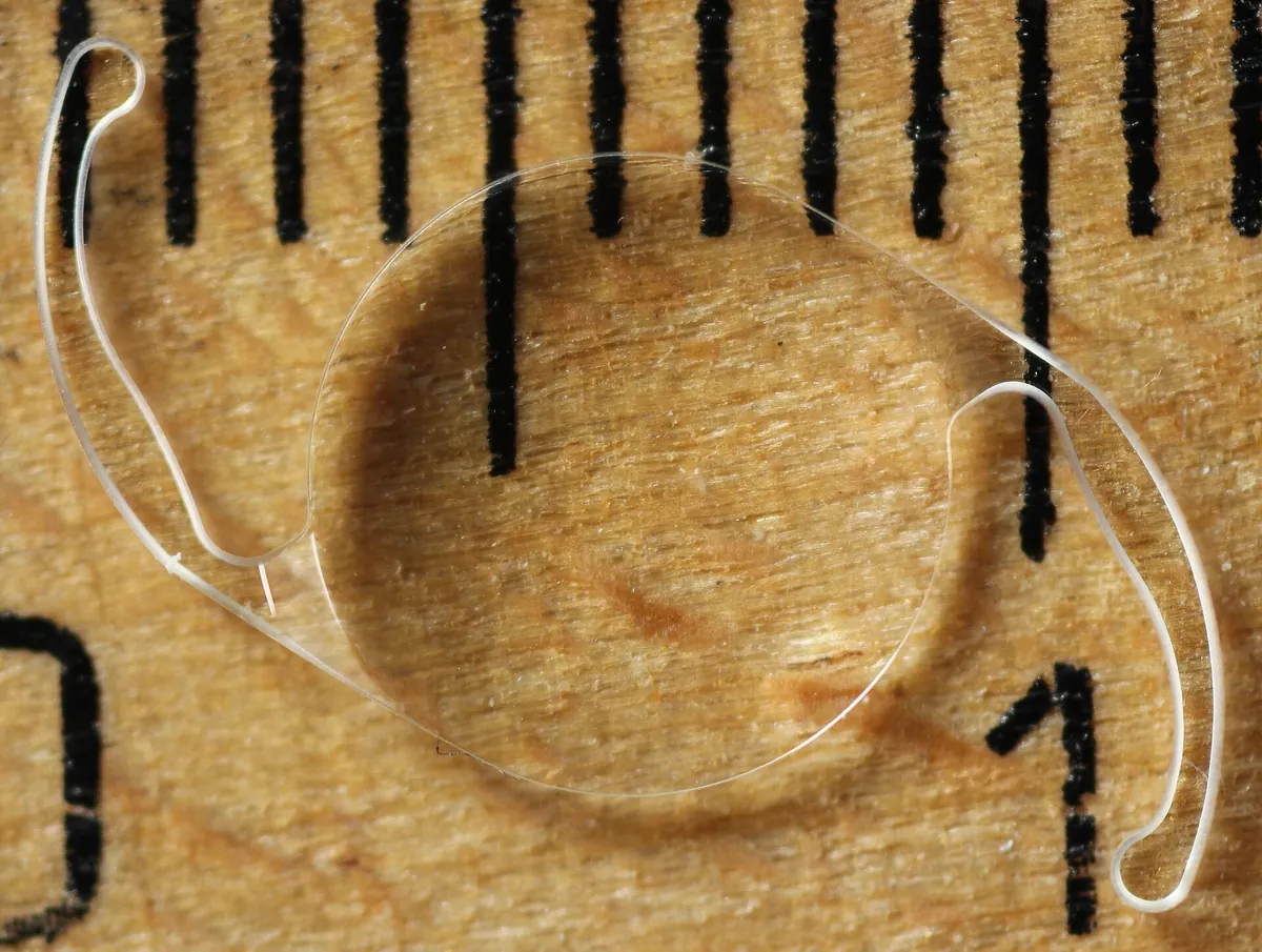Lente intraocular transparente com duas alças laterais ao lado de uma régua.