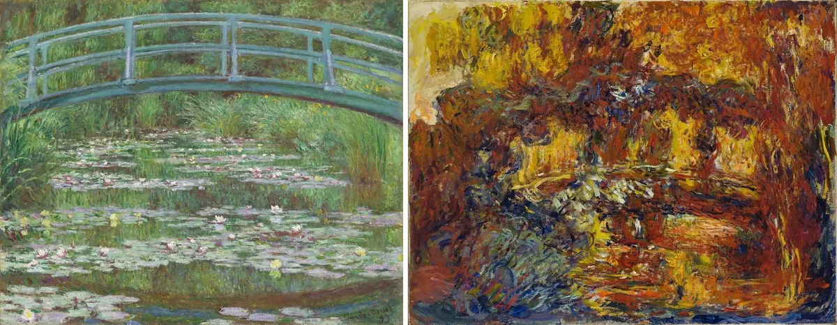 Duas pinturas de Claude Monet da mesma ponte: à esquerda, de 1899, com verdes e azuis; à direita, de 1920–22, com amarelos, laranjas e vermelhos.