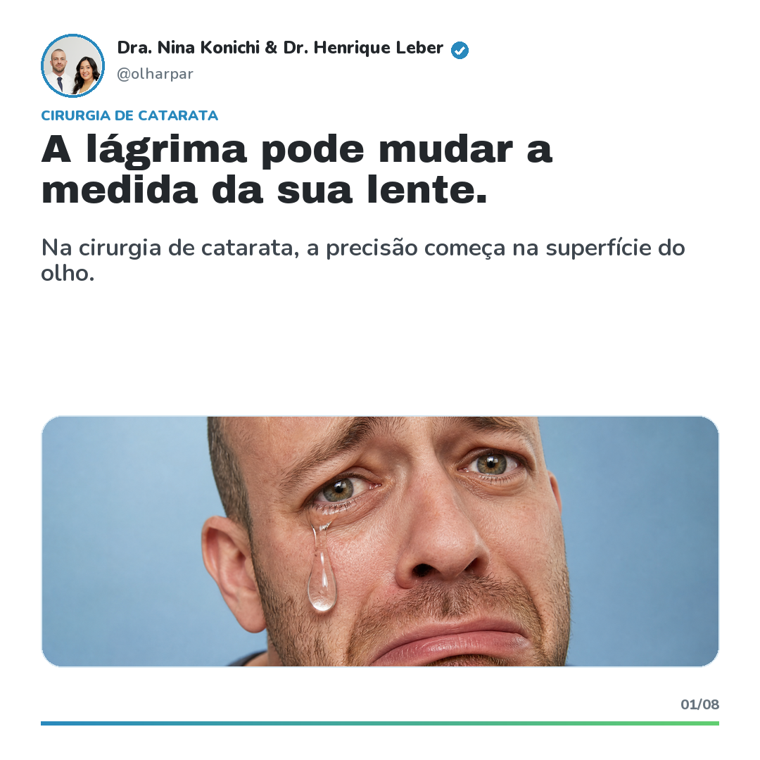 Composição educativa mostrando uma lágrima e o tema da medição da lente na cirurgia de catarata